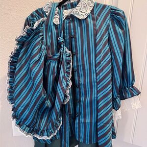 Striped Blue and Black Blouse with Lace Collar